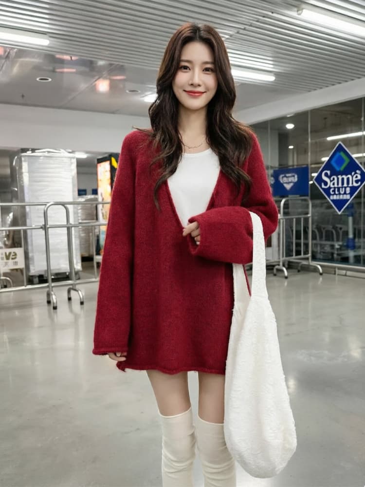 프랑스식 레트로 느긋한 바람 다용도 레이스 조각 맨위 빅 브이 넥 긴팔 자연 볼륨 측면 스웨터 세트 여성 가을 이미지 3