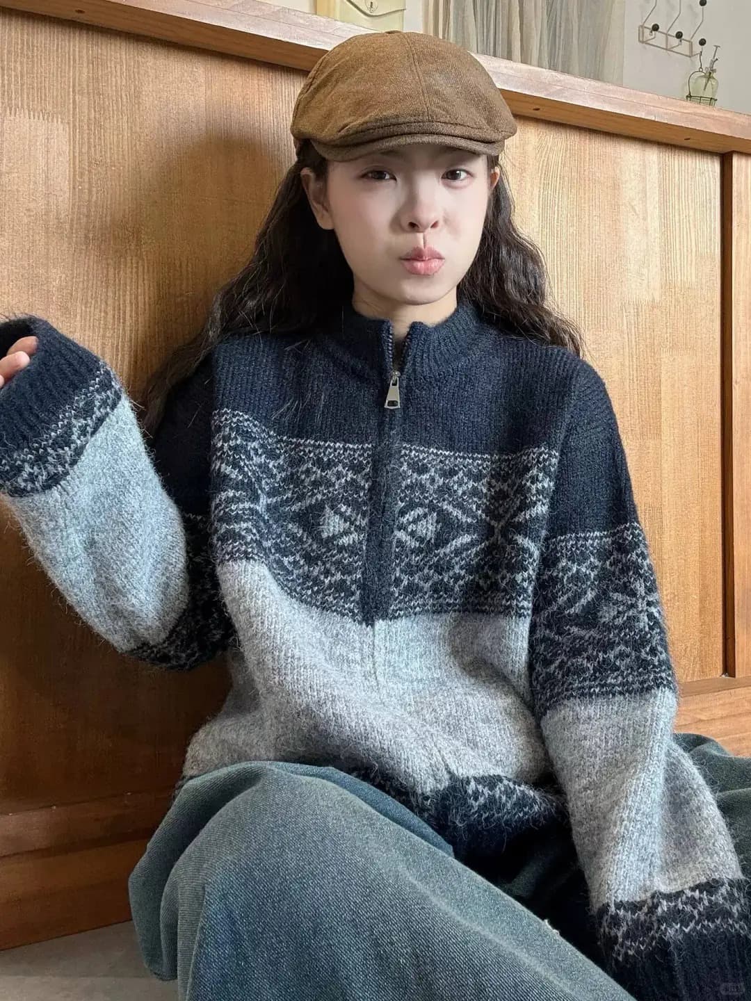 한 부서 레트로 느긋한 공정한 섬 눈꽃 부드러운 찹쌀 니트 지퍼 셔츠 루즈핏 스웨터 여성 코트 상세 이미지 4