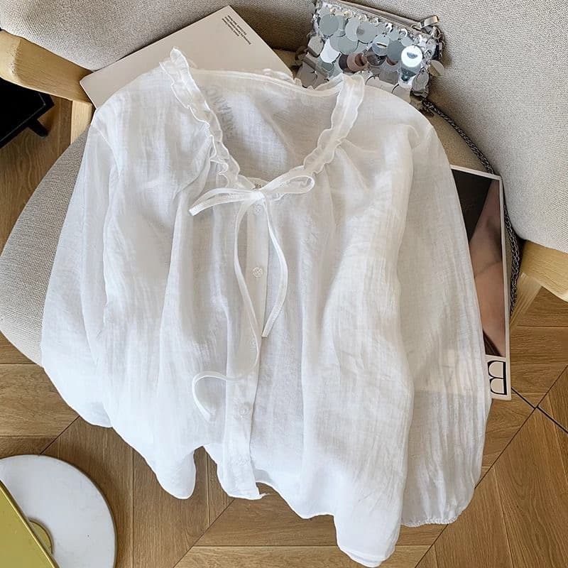 고유 한 Chic 슈퍼 잘 생긴 레이스업 목이버섯 V넥 자외선 차단 셔츠 여름 빛 얇은 얼음 실크 외부 가져 가라. 셔츠 재킷 이미지 2