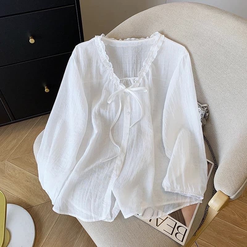 고유 한 Chic 슈퍼 잘 생긴 레이스업 목이버섯 V넥 자외선 차단 셔츠 여름 빛 얇은 얼음 실크 외부 가져 가라. 셔츠 재킷 상세 이미지 1