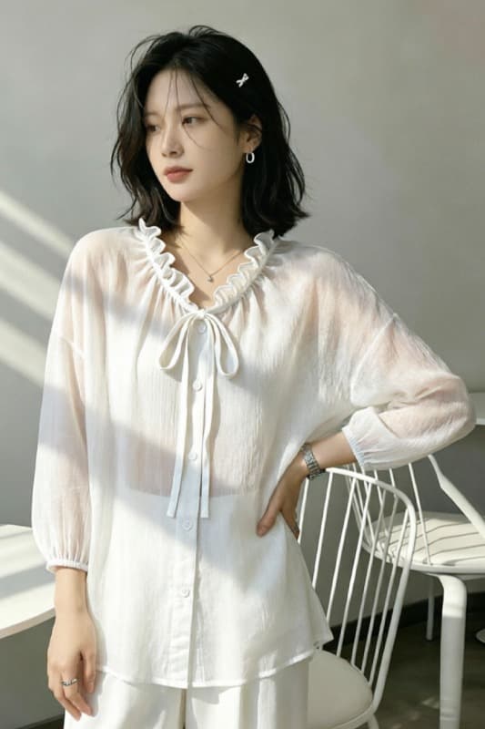 고유 한 Chic 슈퍼 잘 생긴 레이스업 목이버섯 V넥 자외선 차단 셔츠 여름 빛 얇은 얼음 실크 외부 가져 가라. 셔츠 재킷 이미지 6