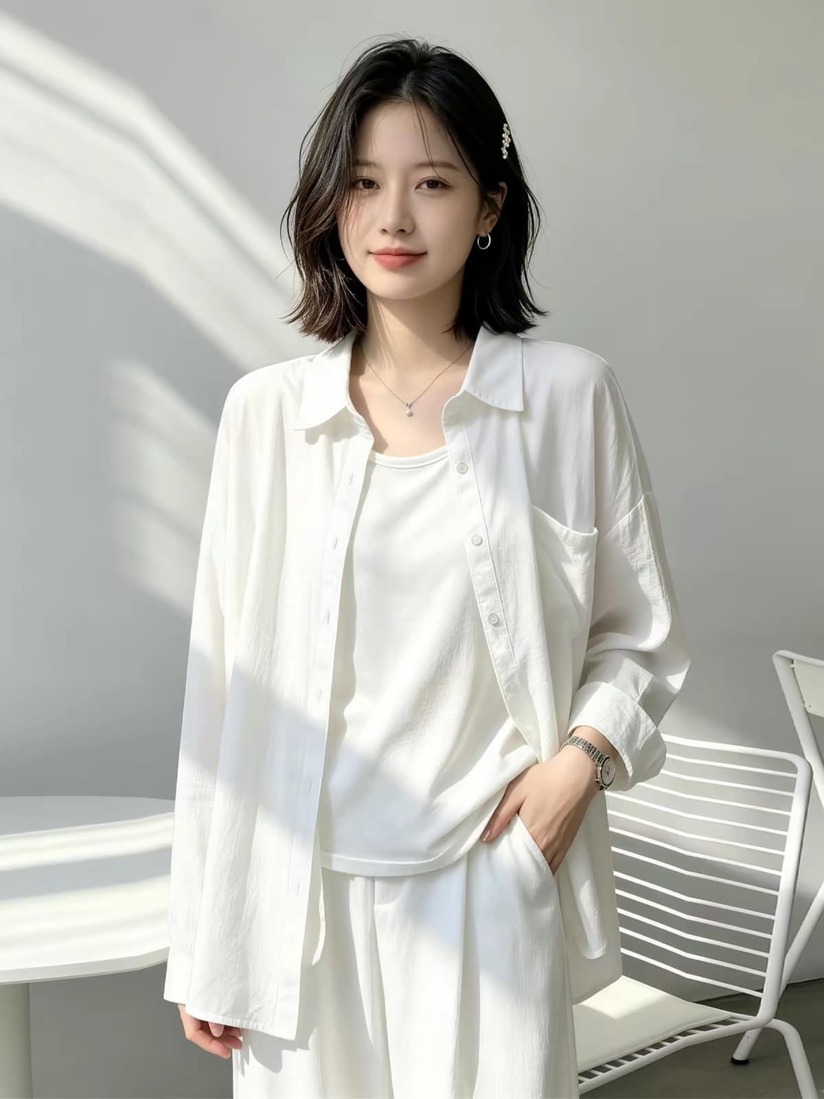 경관 그림 정가 아마 원단 주간 고양이 흔들어서 톤 품질 얇은 스타일 루즈핏 슬림해 보이는 아마 화이트 셔츠