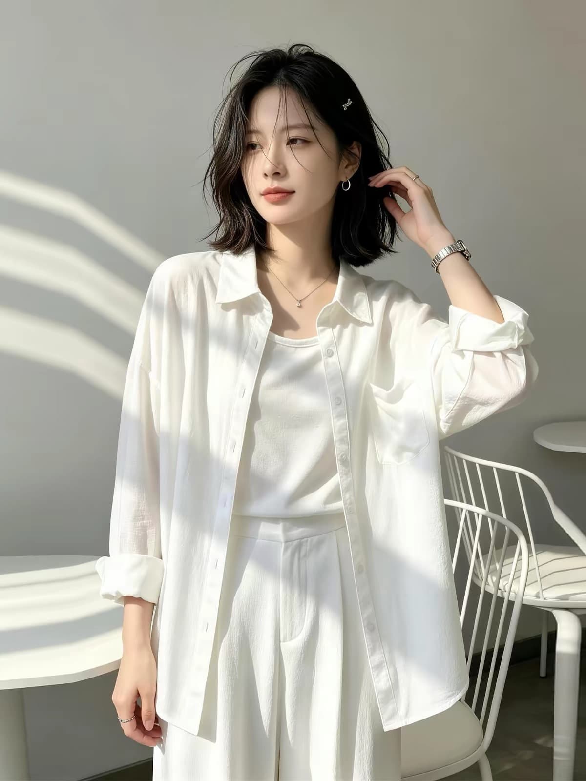 경관 그림 정가 아마 원단 주간 고양이 흔들어서 톤 품질 얇은 스타일 루즈핏 슬림해 보이는 아마 화이트 셔츠 이미지 3
