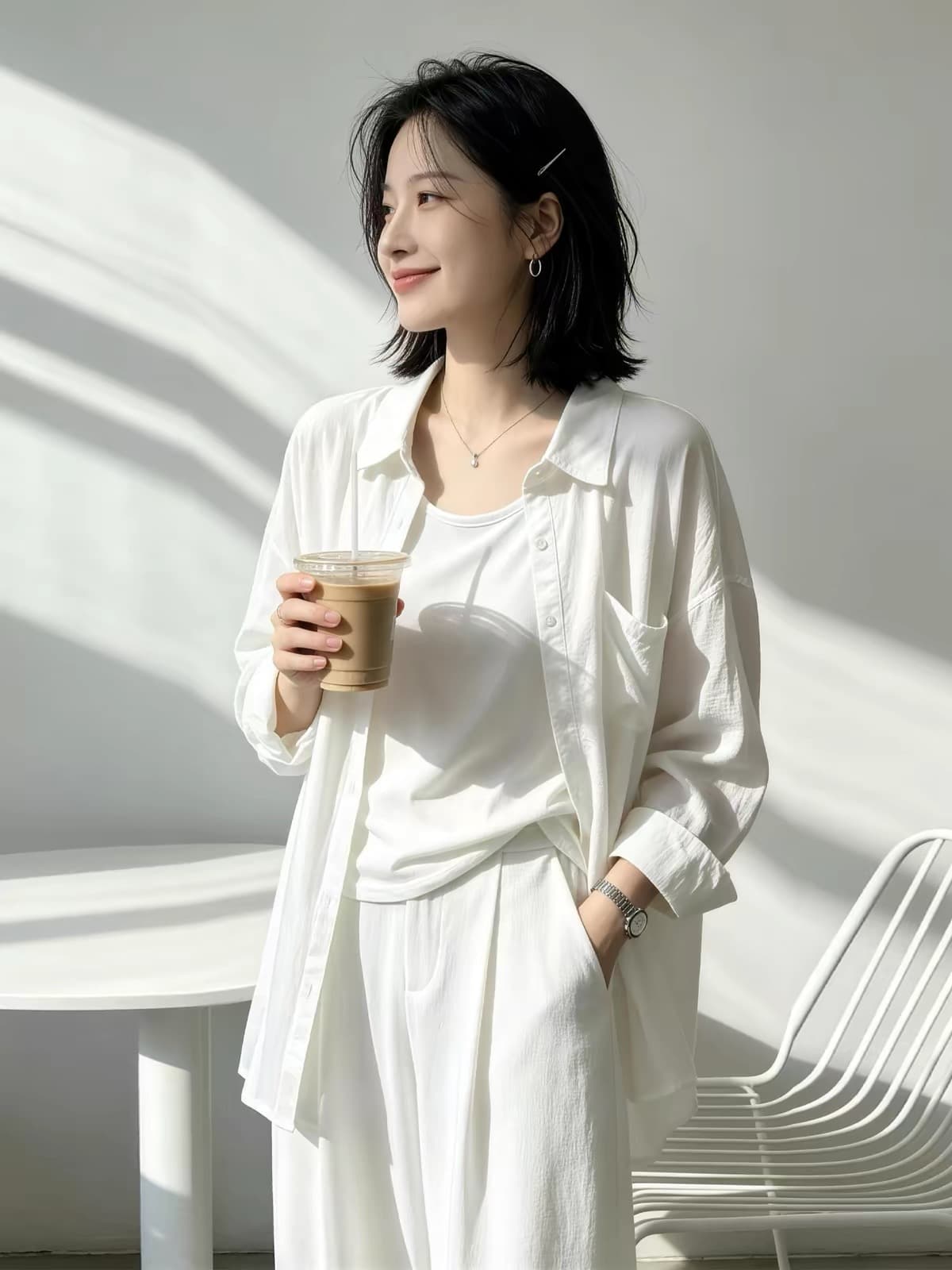 경관 그림 정가 아마 원단 주간 고양이 흔들어서 톤 품질 얇은 스타일 루즈핏 슬림해 보이는 아마 화이트 셔츠 이미지 2