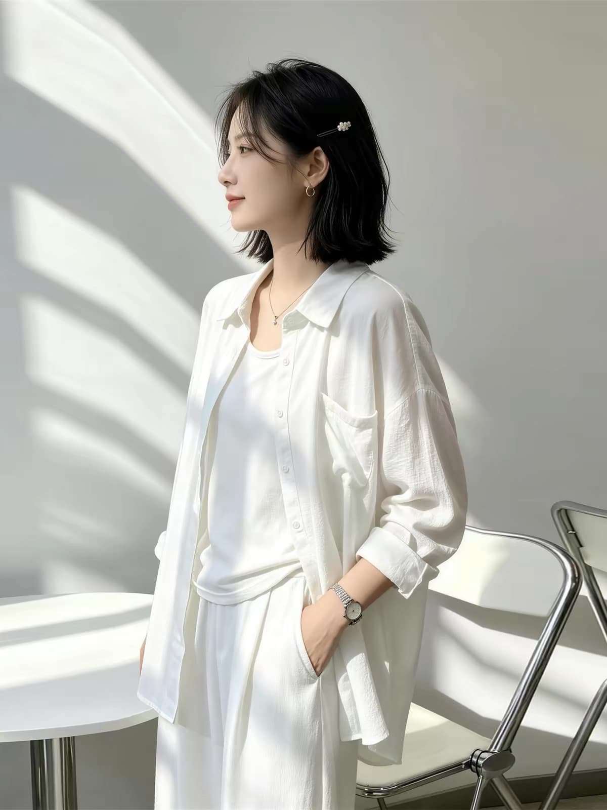 경관 그림 정가 아마 원단 주간 고양이 흔들어서 톤 품질 얇은 스타일 루즈핏 슬림해 보이는 아마 화이트 셔츠 이미지 4