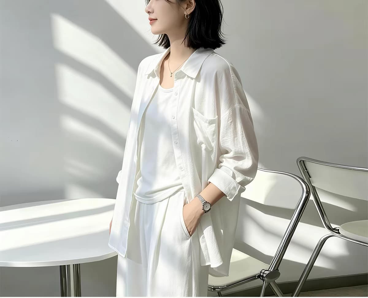 경관 그림 정가 아마 원단 주간 고양이 흔들어서 톤 품질 얇은 스타일 루즈핏 슬림해 보이는 아마 화이트 셔츠 상세 이미지 2