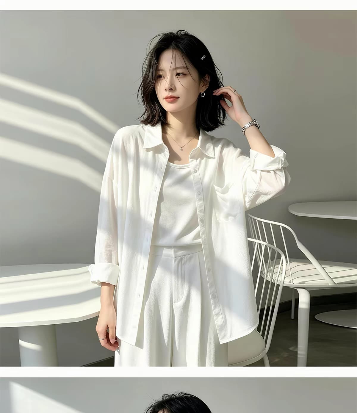 경관 그림 정가 아마 원단 주간 고양이 흔들어서 톤 품질 얇은 스타일 루즈핏 슬림해 보이는 아마 화이트 셔츠 상세 이미지 3