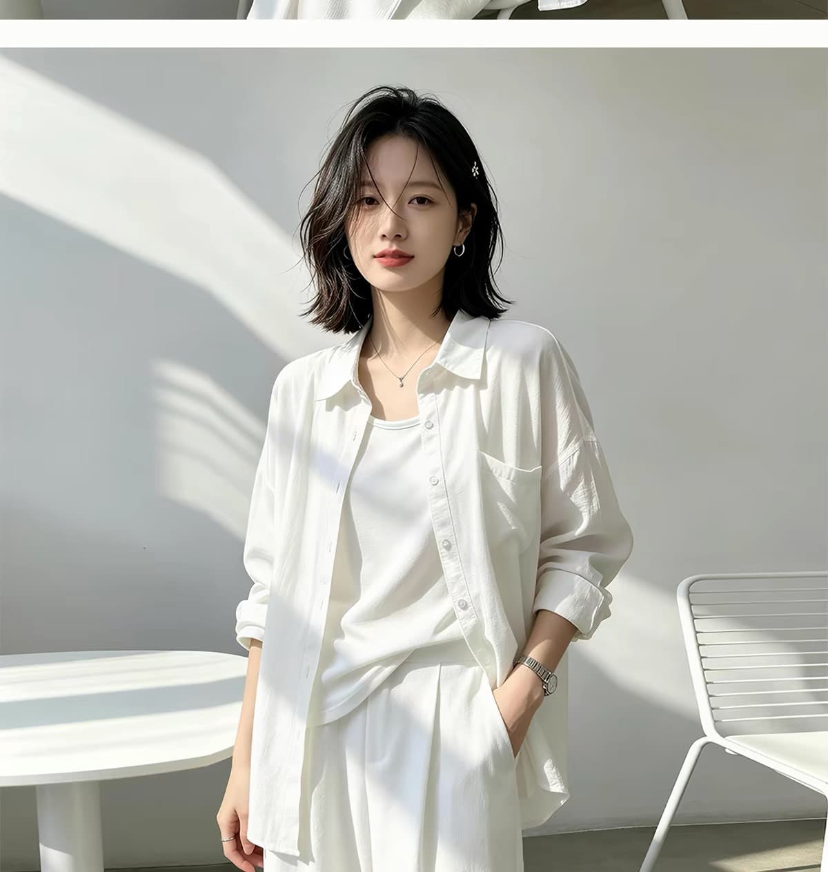 경관 그림 정가 아마 원단 주간 고양이 흔들어서 톤 품질 얇은 스타일 루즈핏 슬림해 보이는 아마 화이트 셔츠 상세 이미지 8