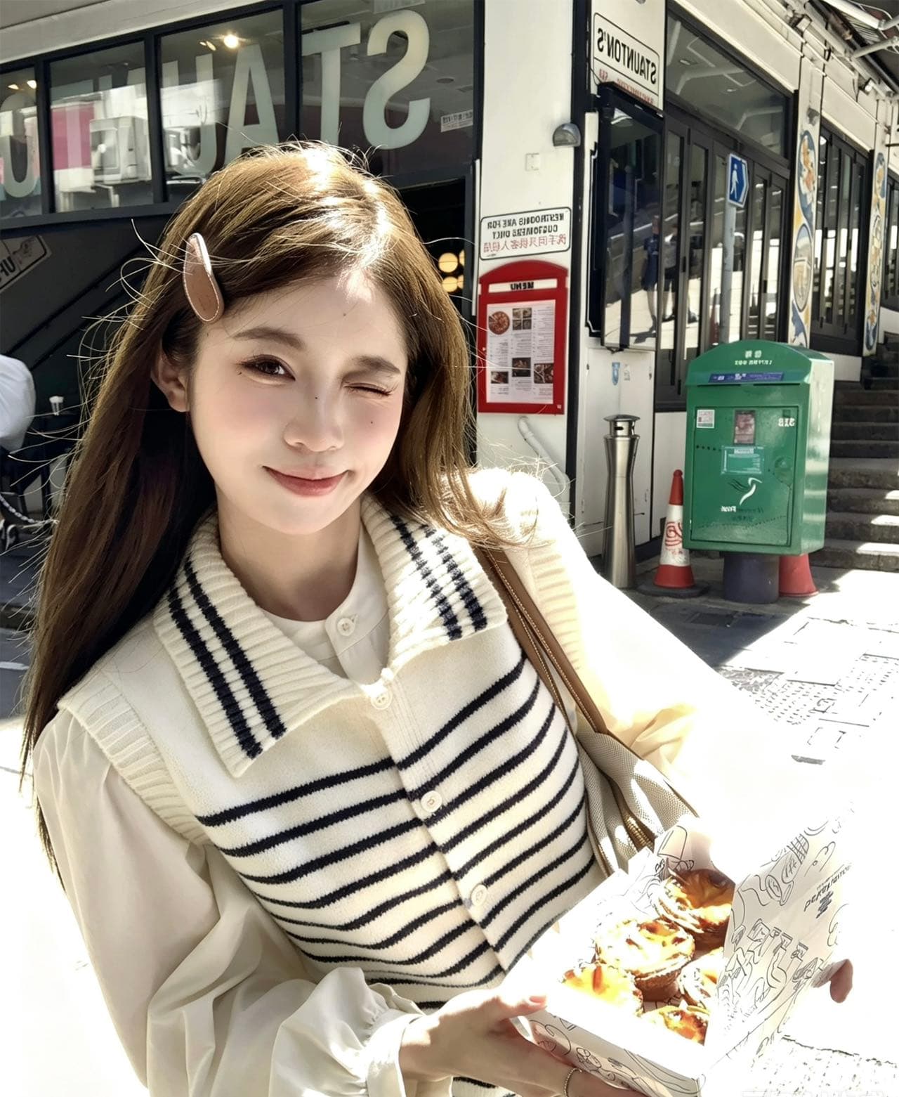 한 부서 부드러운 바람 크림 배경 색상 스트라이프 폴로 칼라 니트 베스트 미니멀리즘 고급 센스 싱글 줄 버튼 스택 착용 조끼 여자 상세 이미지 7