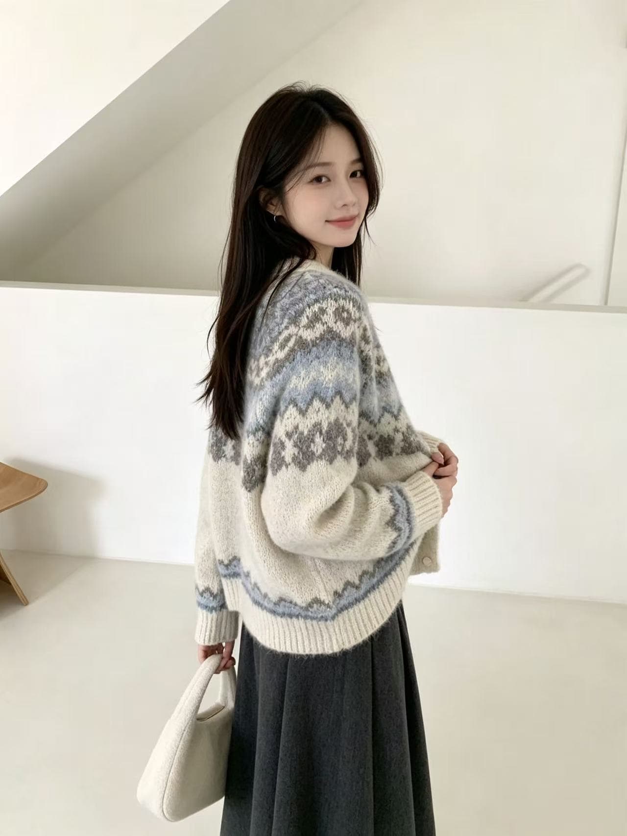 가을 겨울철 새로운 달콤함 학원 스타일 분위기 센스 공정한 섬 자카드 오픈 가디건 스웨터 여성 코트 부드러운 찹쌀 니트 스웨터 상세 이미지 1
