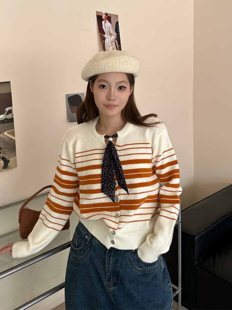 2026 가을 새로운 한 부서 루즈핏 슬림해 보이는 라운드 넥 리본 스트라이프 얇은 양모 니트 오픈 가디건 여성 다용도 맨위 상세 이미지 9