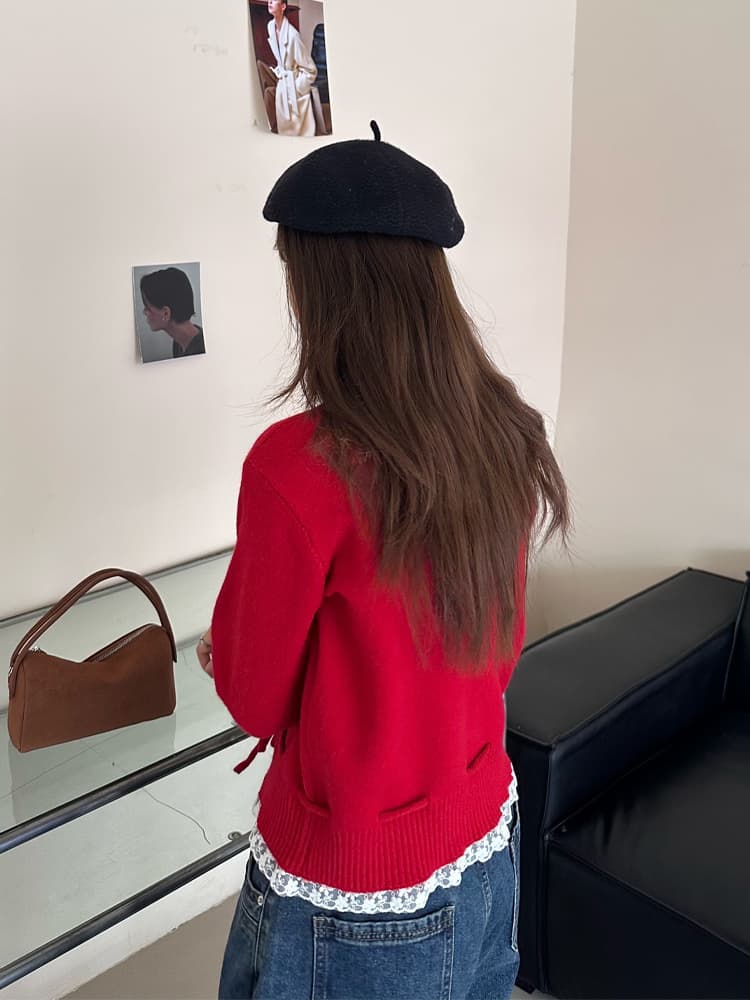 레이스 패치워크 빨간색 스웨터 레이스업 허리 수축 디자인 루즈핏 니트 오픈 가디건 짧은 스웨터 여자 상세 이미지 14