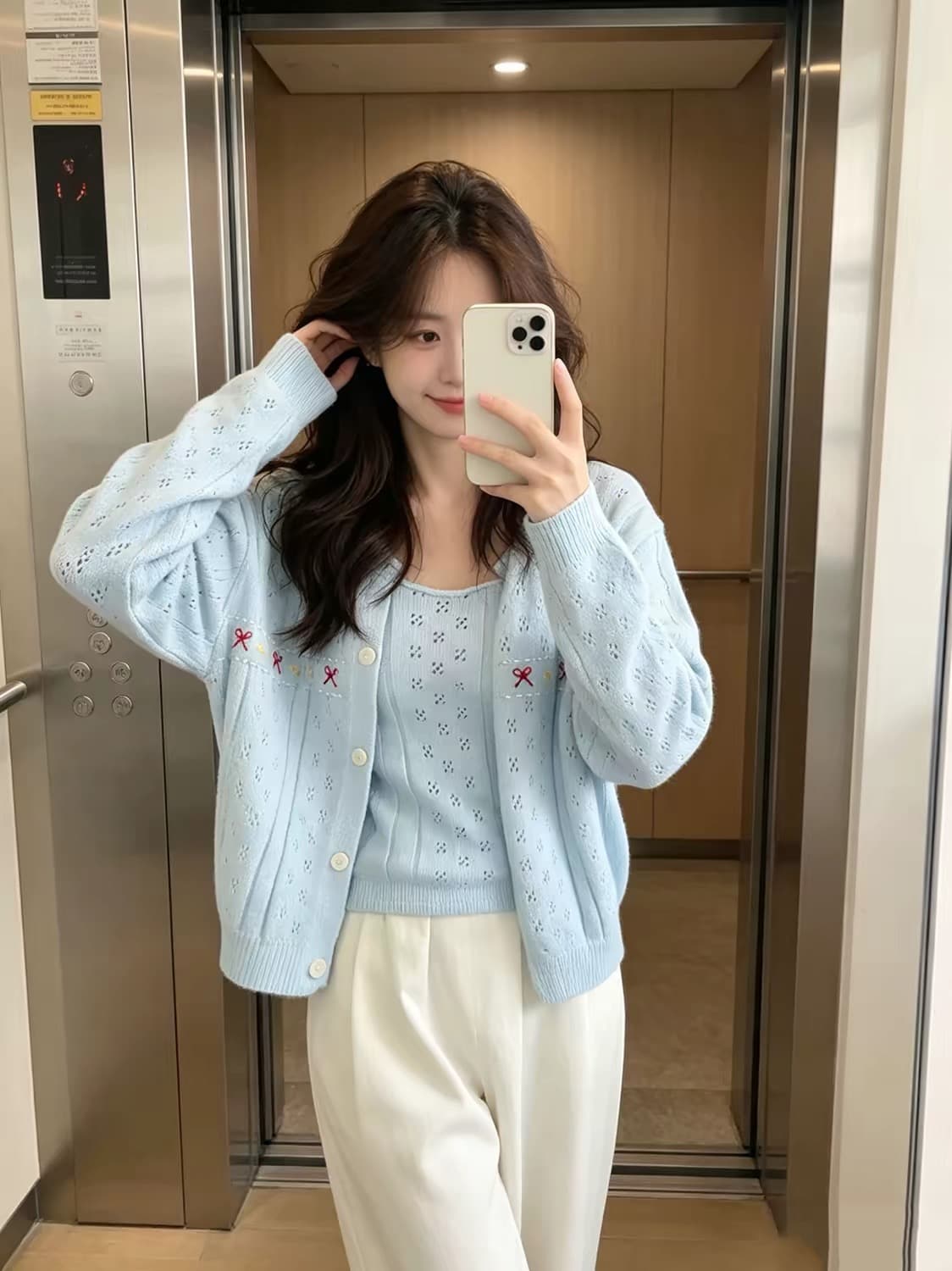 아름다움 바람 라운드 넥 홀로우 아웃 긴팔 니트 오픈 가디건 여성 의류 화이트 자수 투피스 세트 부드러운 슈퍼 요정 니트 스웨터 트렌디 상세 이미지 8