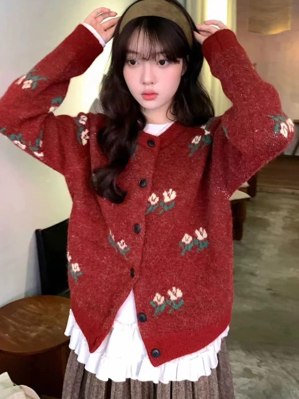 양 타조 울 가을 스웨터 코트 여성 셔츠 여성 한국 스타일 루즈핏 슬림해 보이는 품격 라운드 넥 단추 니트 오픈 가디건 이미지 3
