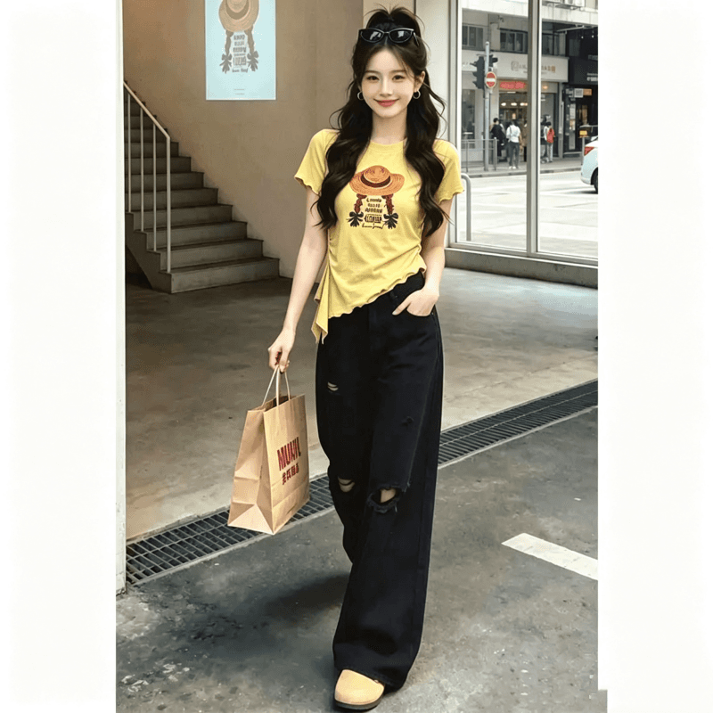 원본 품질 사람들 면 260 그램 한 부서 프린트 티셔츠 여성 Xiamu 귀 비대칭 반팔 상세 이미지 2