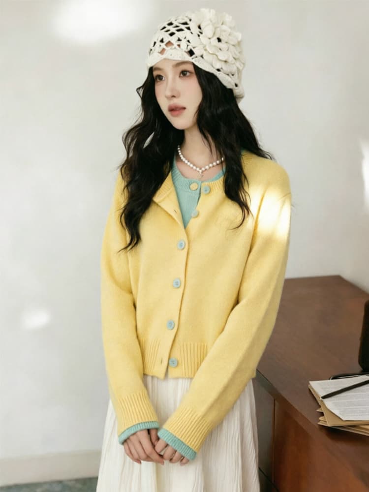 파란색 페이크 레이어드 와이드 부드러운 찹쌀 라운드 넥 긴팔 니트 스웨터 스웨터 여자 2026 가을 품격 맨위 작은 키 상세 이미지 5