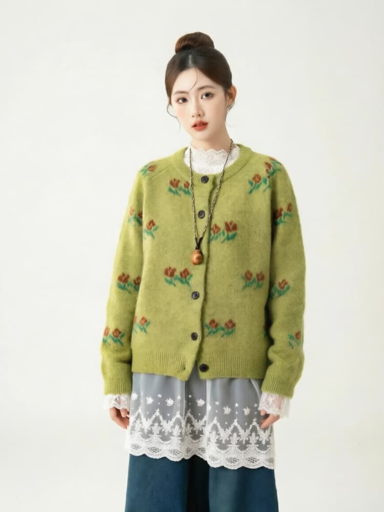 양 타조 울 가을 스웨터 코트 여성 셔츠 여성 한국 스타일 루즈핏 슬림해 보이는 품격 라운드 넥 단추 니트 오픈 가디건 이미지 4