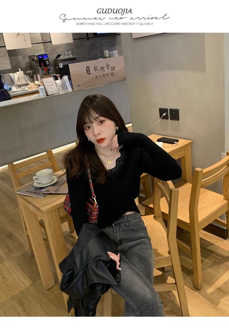 실광택 코튼 레이스 밑바닥 바늘 위버 새로운 외국 가스 인사이드 가져 가라. 프릴 스웨터 낮은 네크라인 디자인 센스 맨위 상세 이미지 5