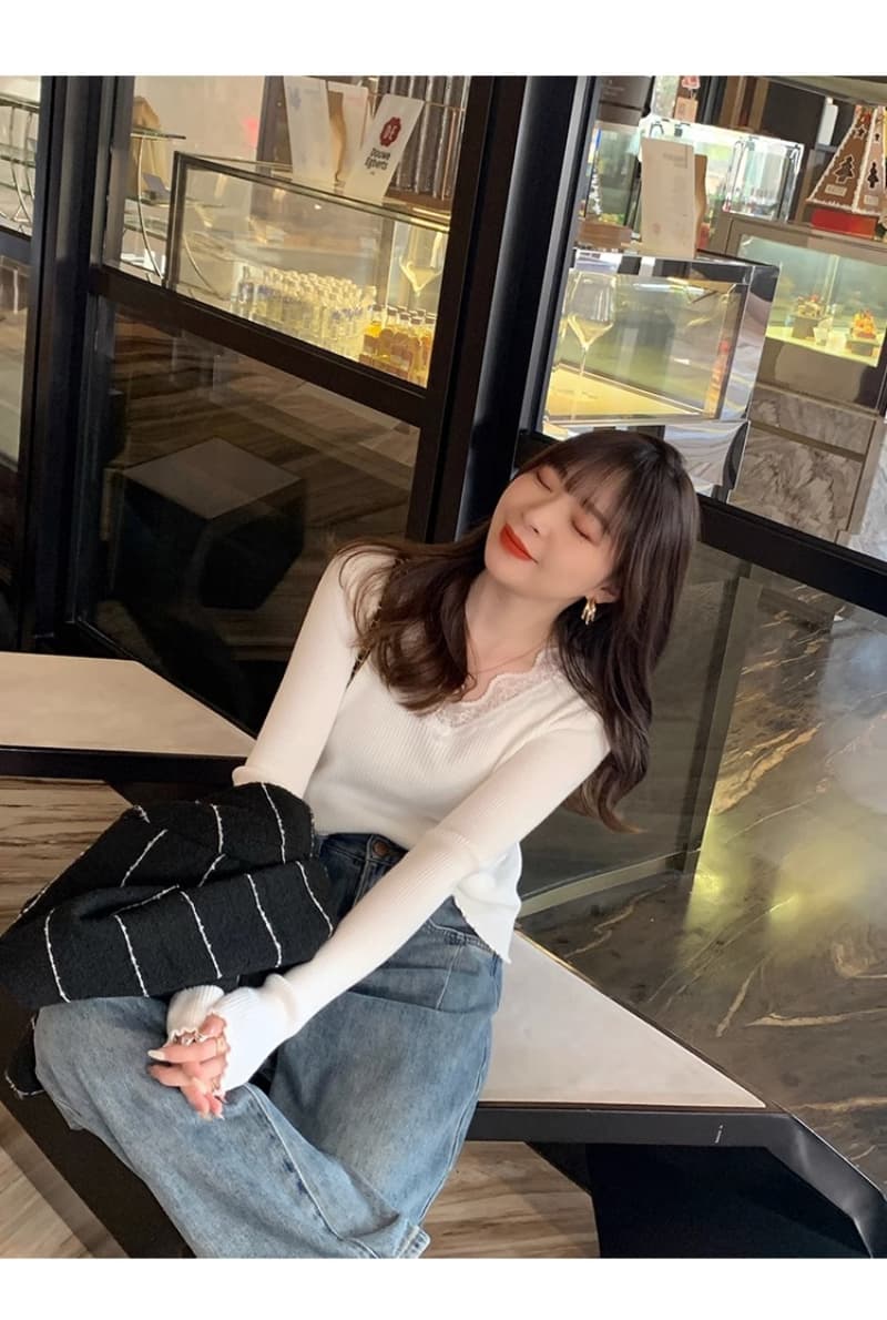실광택 코튼 레이스 밑바닥 바늘 위버 새로운 외국 가스 인사이드 가져 가라. 프릴 스웨터 낮은 네크라인 디자인 센스 맨위 상세 이미지 11