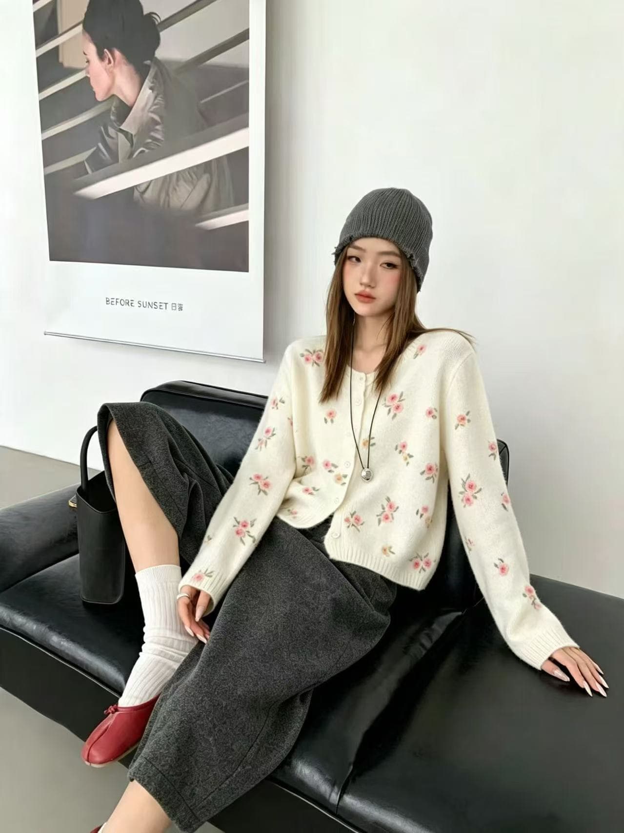 한 부서 달콤함 꽃무늬 니트 오픈 가디건 여성 가을 겨울 새로운 루즈핏 느긋한 바람 스웨터 코트 이미지 2