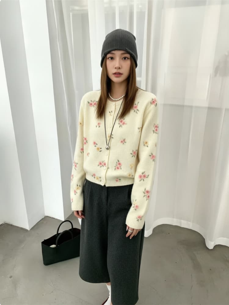 한 부서 달콤함 꽃무늬 니트 오픈 가디건 여성 가을 겨울 새로운 루즈핏 느긋한 바람 스웨터 코트 이미지 2