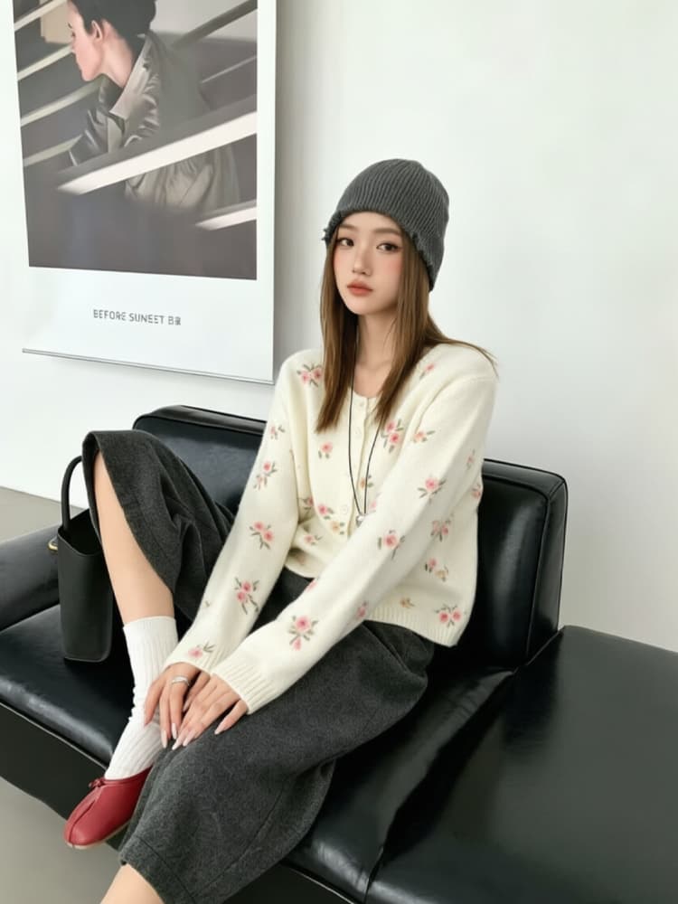한 부서 달콤함 꽃무늬 니트 오픈 가디건 여성 가을 겨울 새로운 루즈핏 느긋한 바람 스웨터 코트 상세 이미지 2