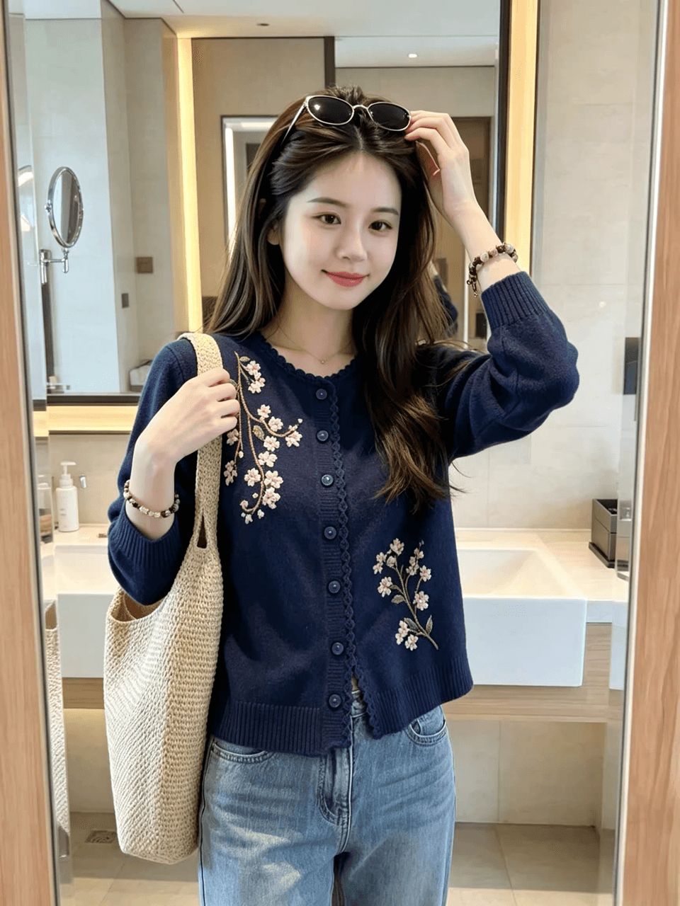 조기 가을 달콤한 스타일 수공 자수 니트 오픈 가디건 여성 진한 파란색 라운드 넥 다용도 스웨터 패션 외국 가스 재킷 상세 이미지 6