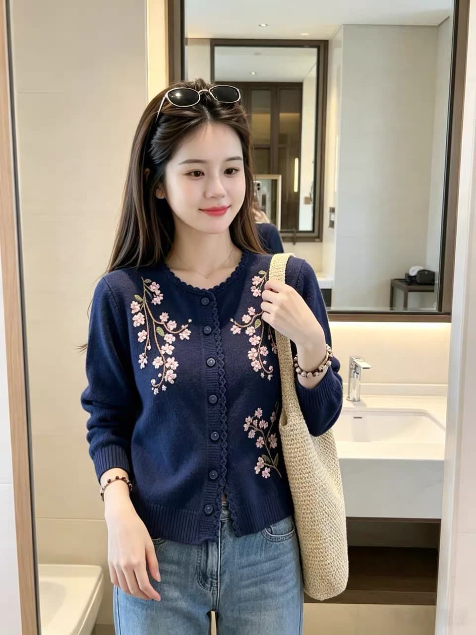 조기 가을 달콤한 스타일 수공 자수 니트 오픈 가디건 여성 진한 파란색 라운드 넥 다용도 스웨터 패션 외국 가스 재킷 상세 이미지 30