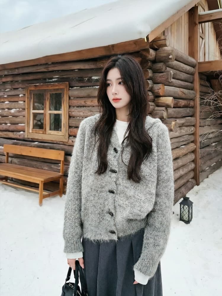 한 부서 소뿔 버클 후드 니트 오픈 가디건 여성 봄 가을 두꺼운 디자인 센스 느긋한 바람 레트로 보온 스웨터 코트 이미지 2