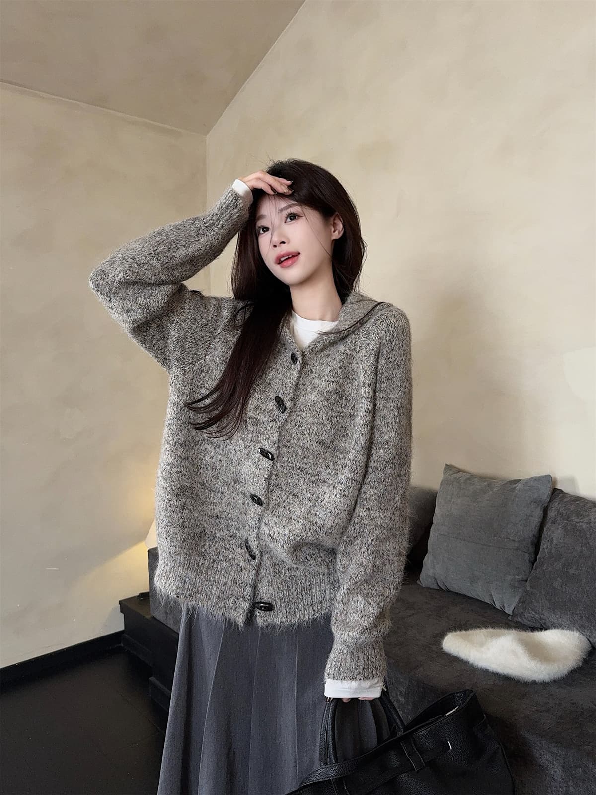 한 부서 소뿔 버클 후드 니트 오픈 가디건 여성 봄 가을 두꺼운 디자인 센스 느긋한 바람 레트로 보온 스웨터 코트 상세 이미지 2