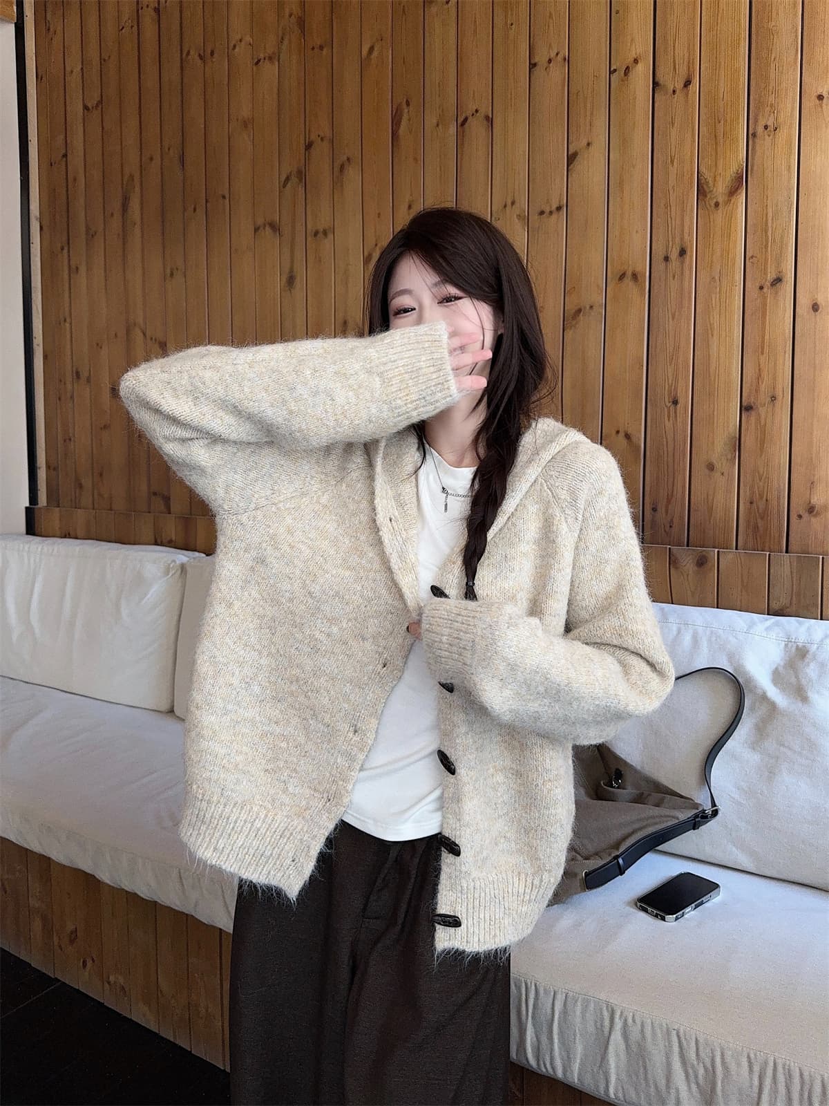 한 부서 소뿔 버클 후드 니트 오픈 가디건 여성 봄 가을 두꺼운 디자인 센스 느긋한 바람 레트로 보온 스웨터 코트 상세 이미지 18