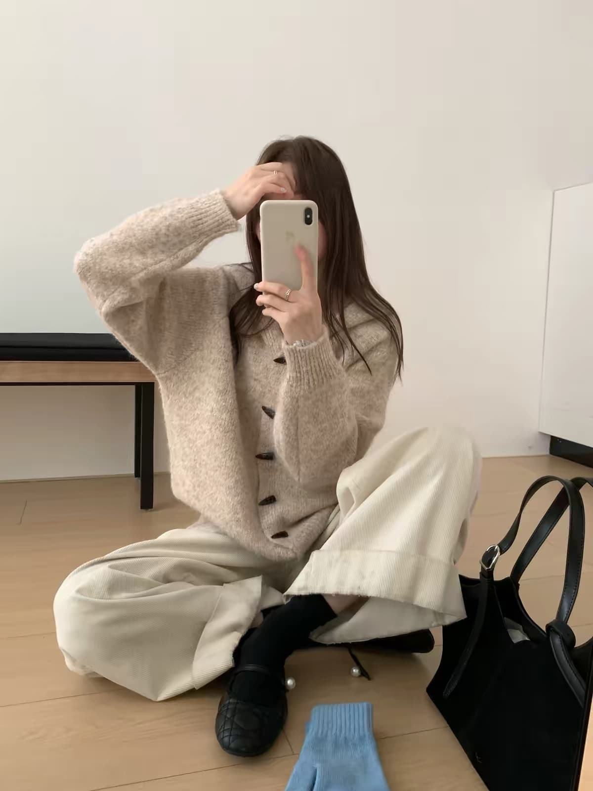 한 부서 소뿔 버클 후드 니트 오픈 가디건 여성 봄 가을 두꺼운 디자인 센스 느긋한 바람 레트로 보온 스웨터 코트 상세 이미지 32