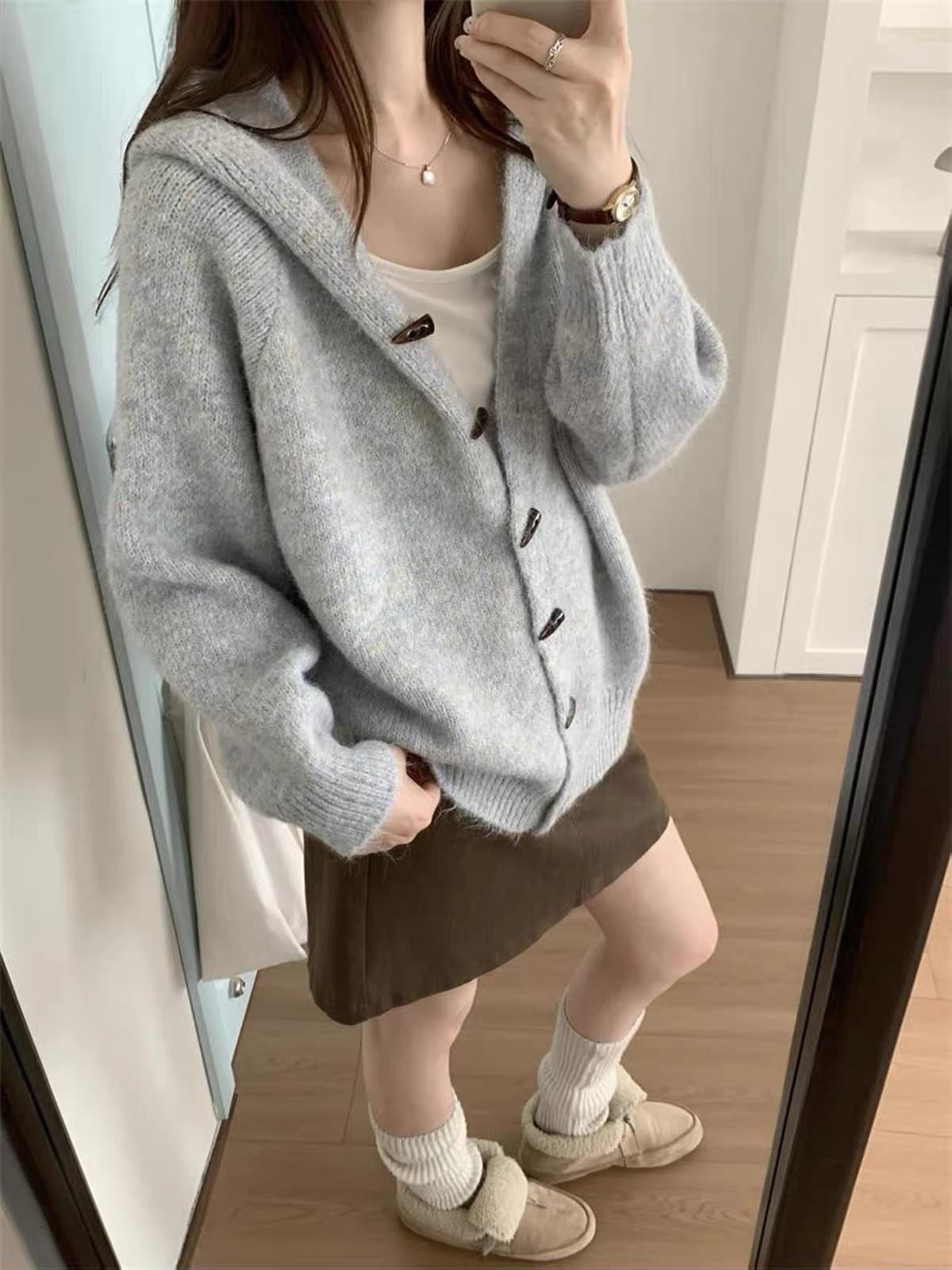 한 부서 소뿔 버클 후드 니트 오픈 가디건 여성 봄 가을 두꺼운 디자인 센스 느긋한 바람 레트로 보온 스웨터 코트 상세 이미지 36