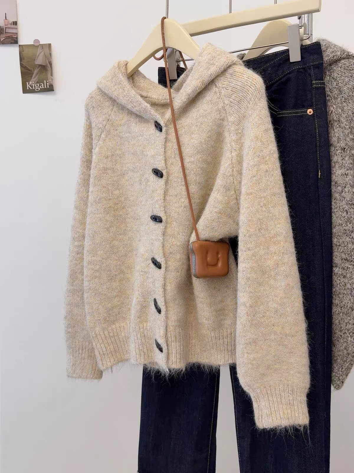 한 부서 소뿔 버클 후드 니트 오픈 가디건 여성 봄 가을 두꺼운 디자인 센스 느긋한 바람 레트로 보온 스웨터 코트 상세 이미지 44