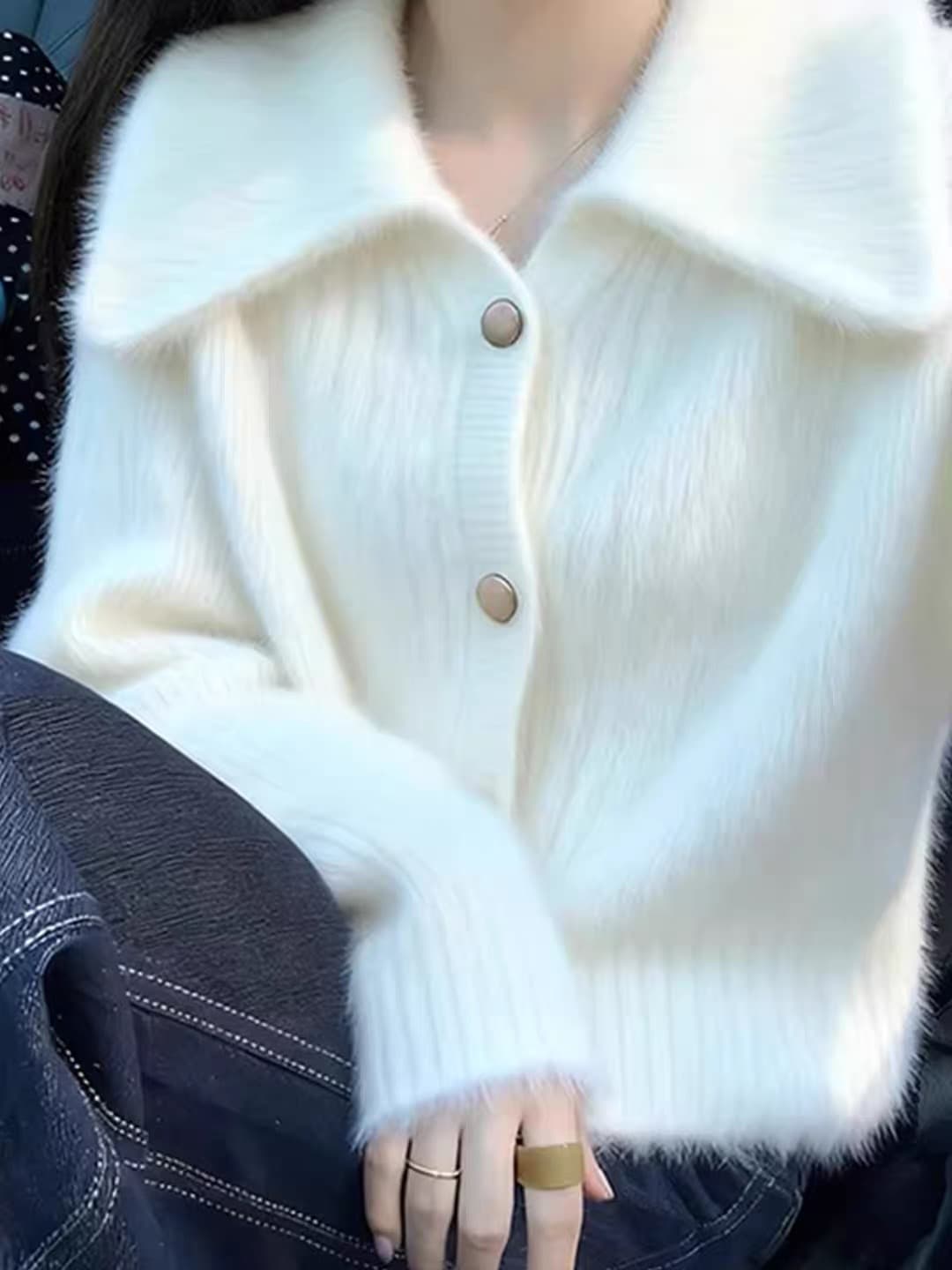 부드러운 바람 화이트 모헤어 폴로 칼라 니트 오픈 가디건 여성 가을 겨울 부드러운 찹쌀 우유 씽 하는 소리 루즈핏 빅 사이즈 보온 스웨터 상세 이미지 4
