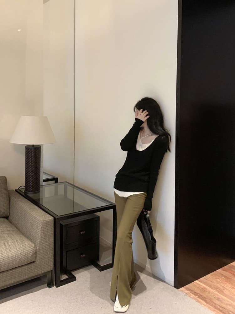 봄 가을 새로운 V넥 불규칙 니트 스웨터 페이크 레이어드 여성 레저 인사이드 가져 가라. 예쁜 스웨터 Chic 작은 대중 맨위 상세 이미지 18