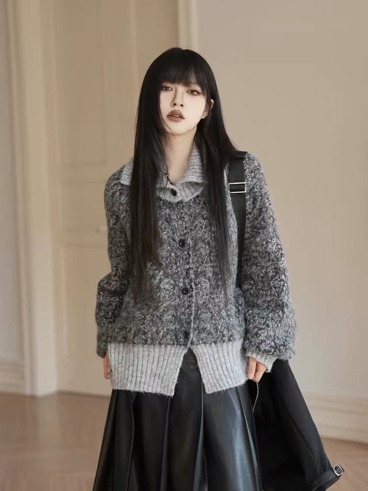 레트로 느긋한 바람 녹색 양모 니트 오픈 가디건 여성 가을 겨울철 새로운 두꺼운 루즈핏 터틀넥 스웨터