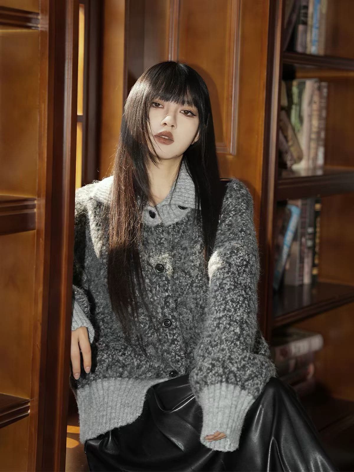 레트로 느긋한 바람 녹색 양모 니트 오픈 가디건 여성 가을 겨울철 새로운 두꺼운 루즈핏 터틀넥 스웨터 이미지 4