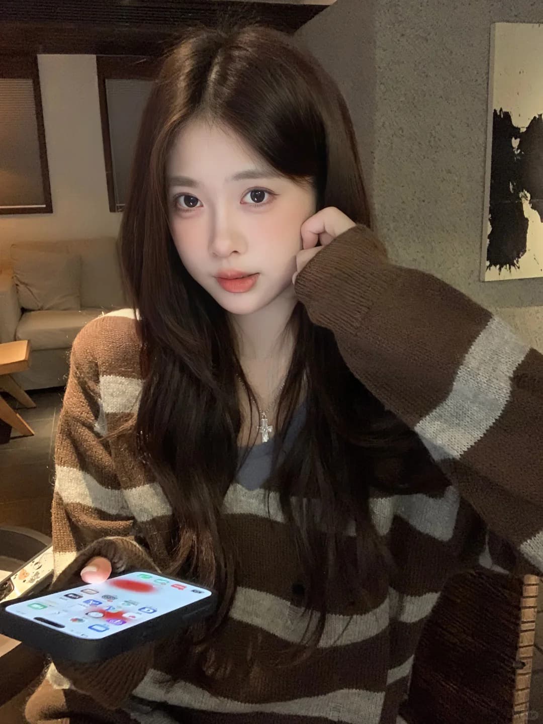 레트로 스트라이프 찢어진 부분 스웨터 여자 가을 V넥 한 부서 루즈핏 게으른 부주의 한 도루 센스 패치워크 색상 디자인 센스 풀오버 맨위 상세 이미지 4