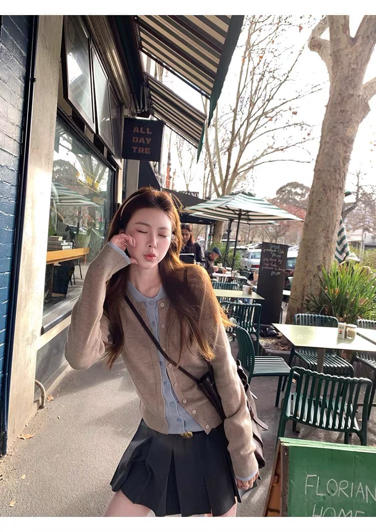 한 부서 계층의 감각 몸매 가꾸기 맨위 여성 가을 페이크 레이어드 패치워크 색상 양모 니트 오픈 가디건 상세 이미지 20