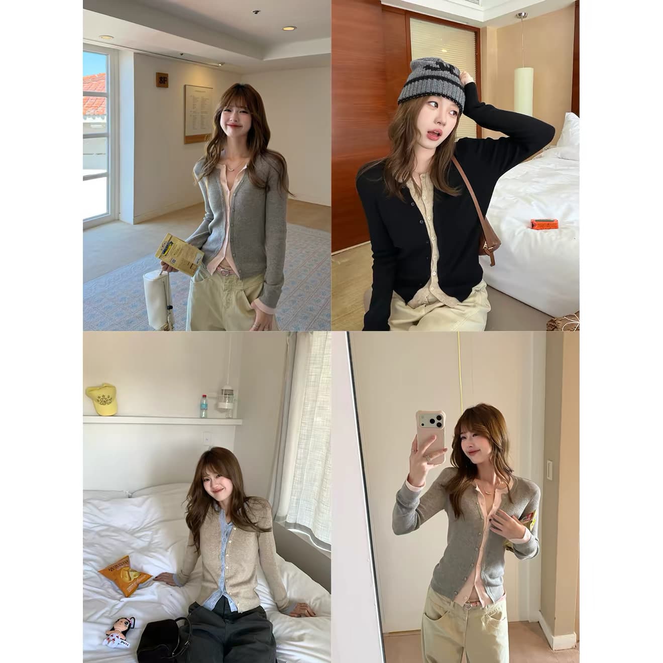 한 부서 계층의 감각 몸매 가꾸기 맨위 여성 가을 페이크 레이어드 패치워크 색상 양모 니트 오픈 가디건 상세 이미지 24