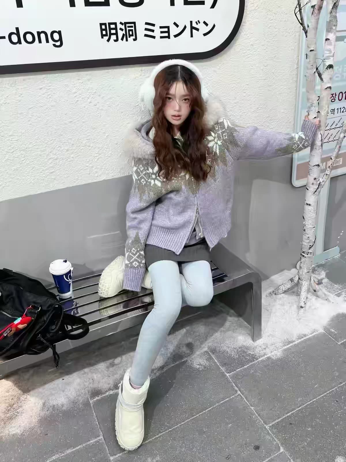 보라색 공정한 섬 후드 스웨터 여성 코트 가을 겨울철 더블 지퍼 두꺼운 모피 칼라 니트 오픈 가디건 상세 이미지 2