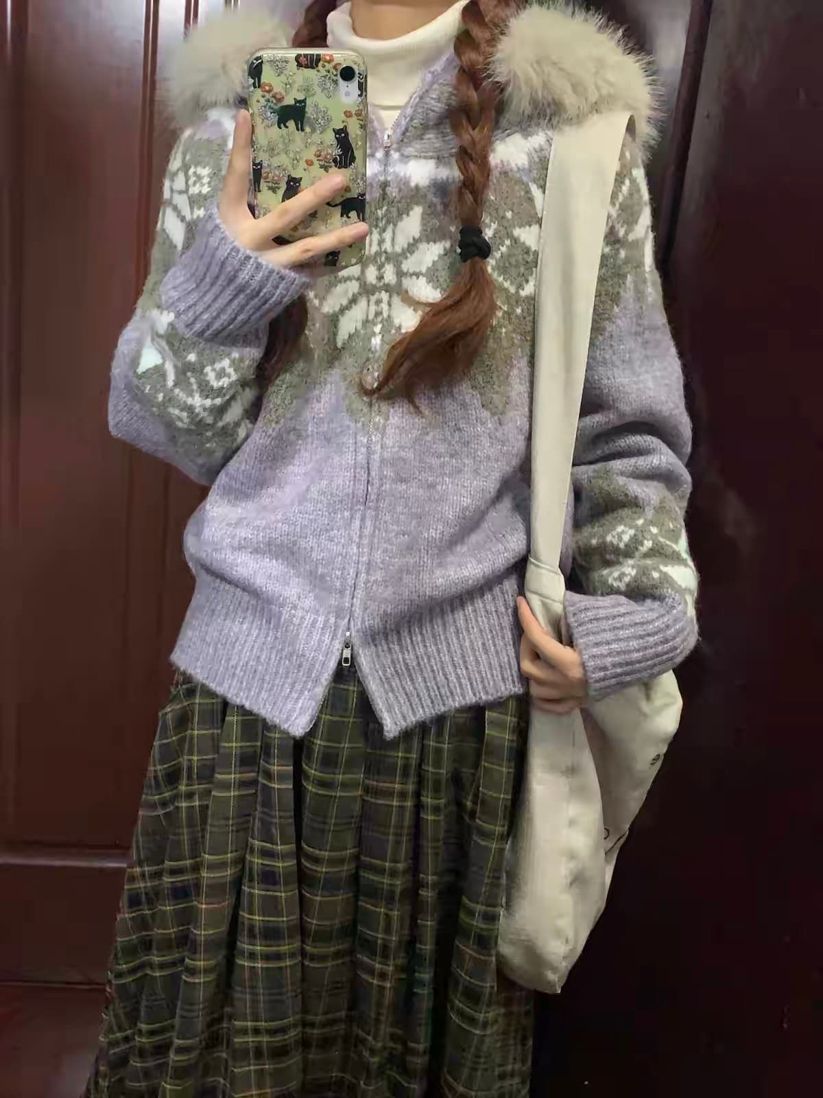 보라색 공정한 섬 후드 스웨터 여성 코트 가을 겨울철 더블 지퍼 두꺼운 모피 칼라 니트 오픈 가디건 상세 이미지 24