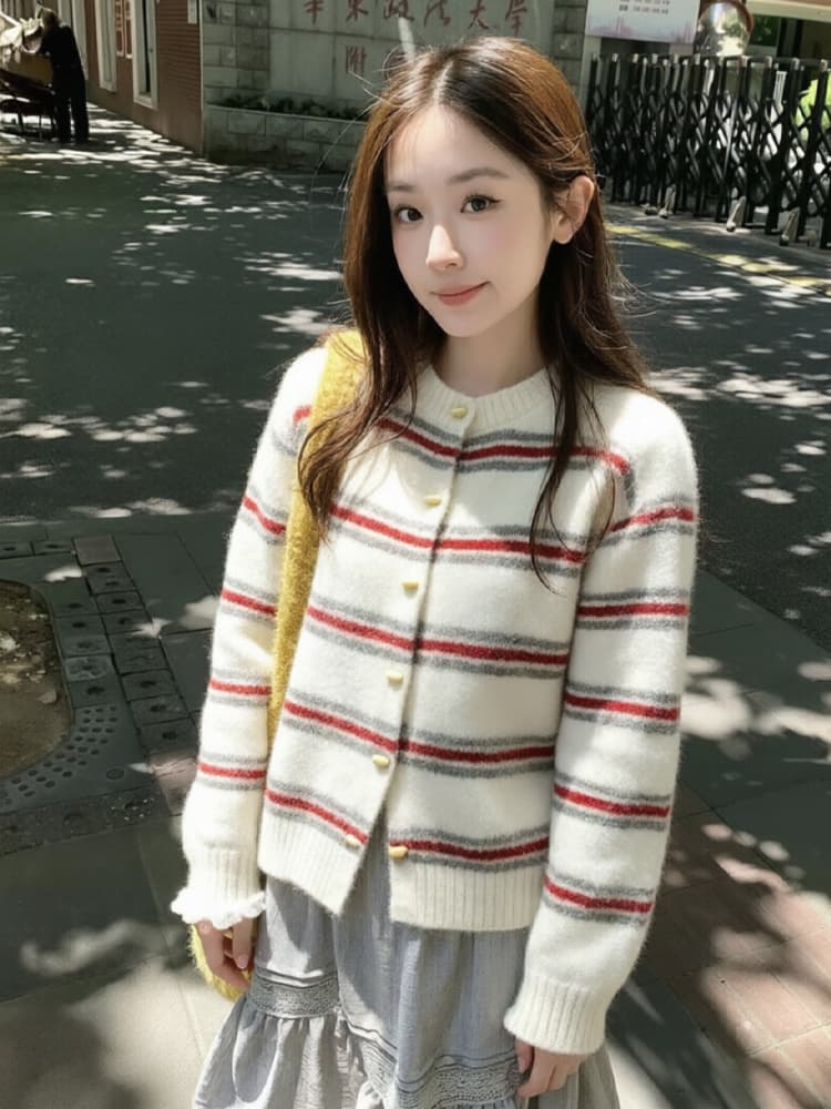 레트로 품격 스트라이프 라운드 넥 부서 버클 니트 오픈 가디건 여성 한 부서 분위기 센스 착용 가져 가라. 고급 센스 Chic 스웨터