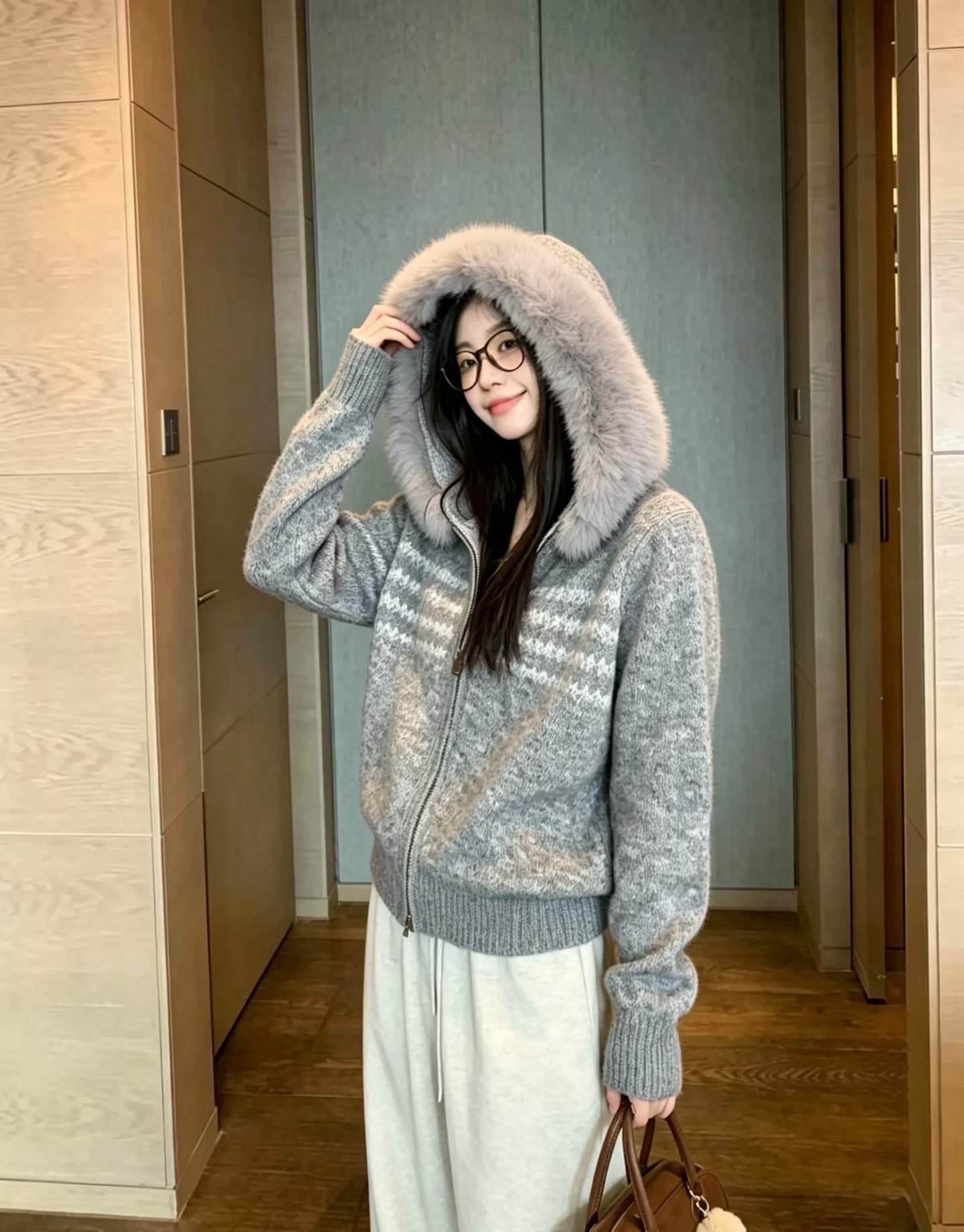 공정한 섬 후드 모피 칼라 지퍼 스웨터 여성 코트 가을 겨울 새로운 레트로 품격 두꺼운 쇼트 스타일 니트 오픈 가디건