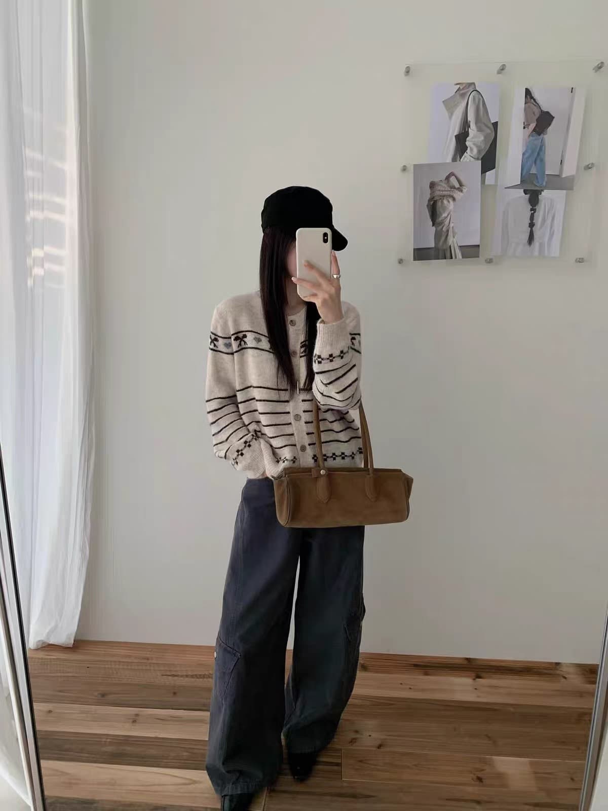 공정한 섬 나비 매듭 자카드 오픈 가디건 여성 라운드 넥 나무 버클 부드러운 찹쌀 스트라이프 루즈핏 부드러운 니트 재킷 이미지 4