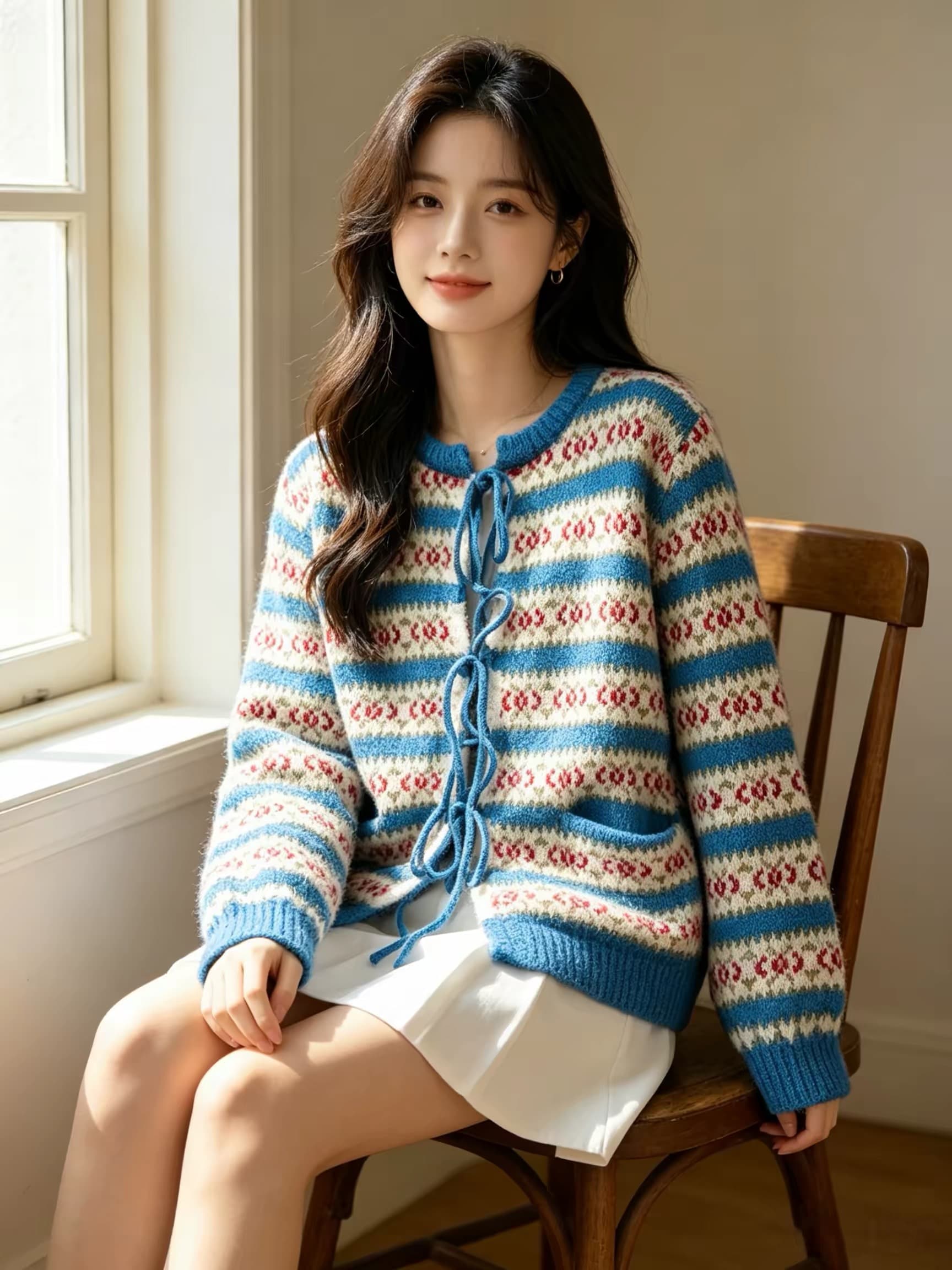 한 부서 귀여운 공정한 섬 무거운 작업 레이스업 니트 오픈 가디건 여성 코트 가을 겨울 부드러운 찹쌀 보온 긴팔 라운드 넥 스웨터 상세 이미지 1