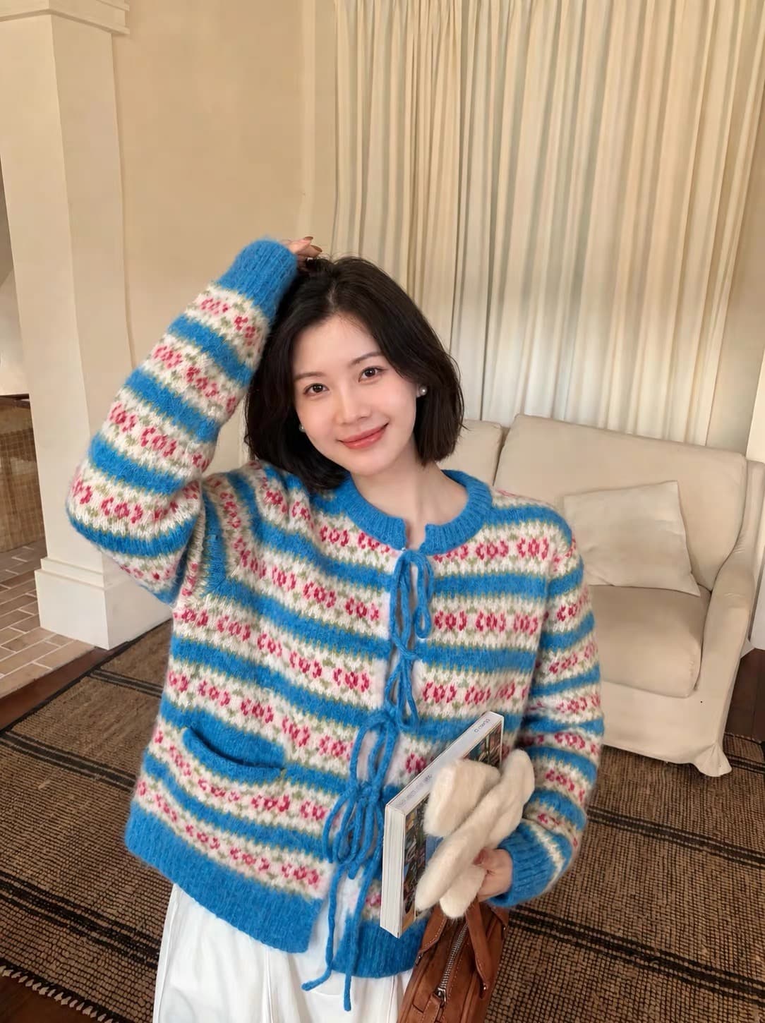 한 부서 귀여운 공정한 섬 무거운 작업 레이스업 니트 오픈 가디건 여성 코트 가을 겨울 부드러운 찹쌀 보온 긴팔 라운드 넥 스웨터 상세 이미지 6