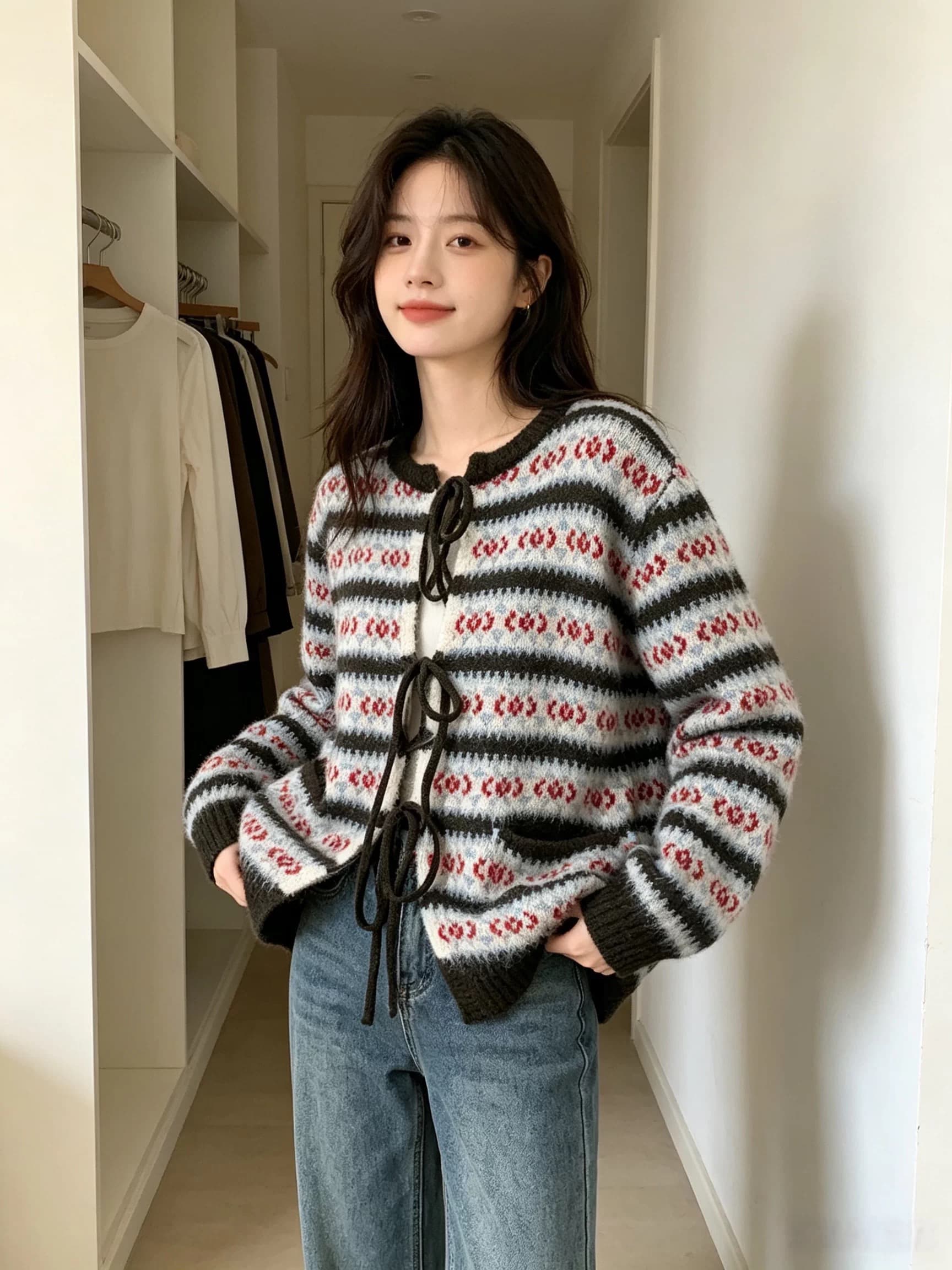 한 부서 귀여운 공정한 섬 무거운 작업 레이스업 니트 오픈 가디건 여성 코트 가을 겨울 부드러운 찹쌀 보온 긴팔 라운드 넥 스웨터 상세 이미지 20