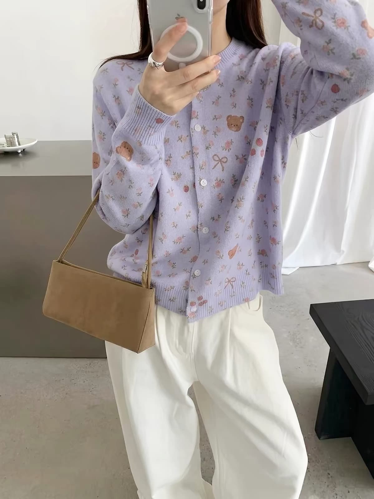 가을 한 부서 달콤함 작은 곰 자수 니트 오픈 가디건 여성 부드러운 느긋한 바람 단추 스웨터 코트 상세 이미지 9